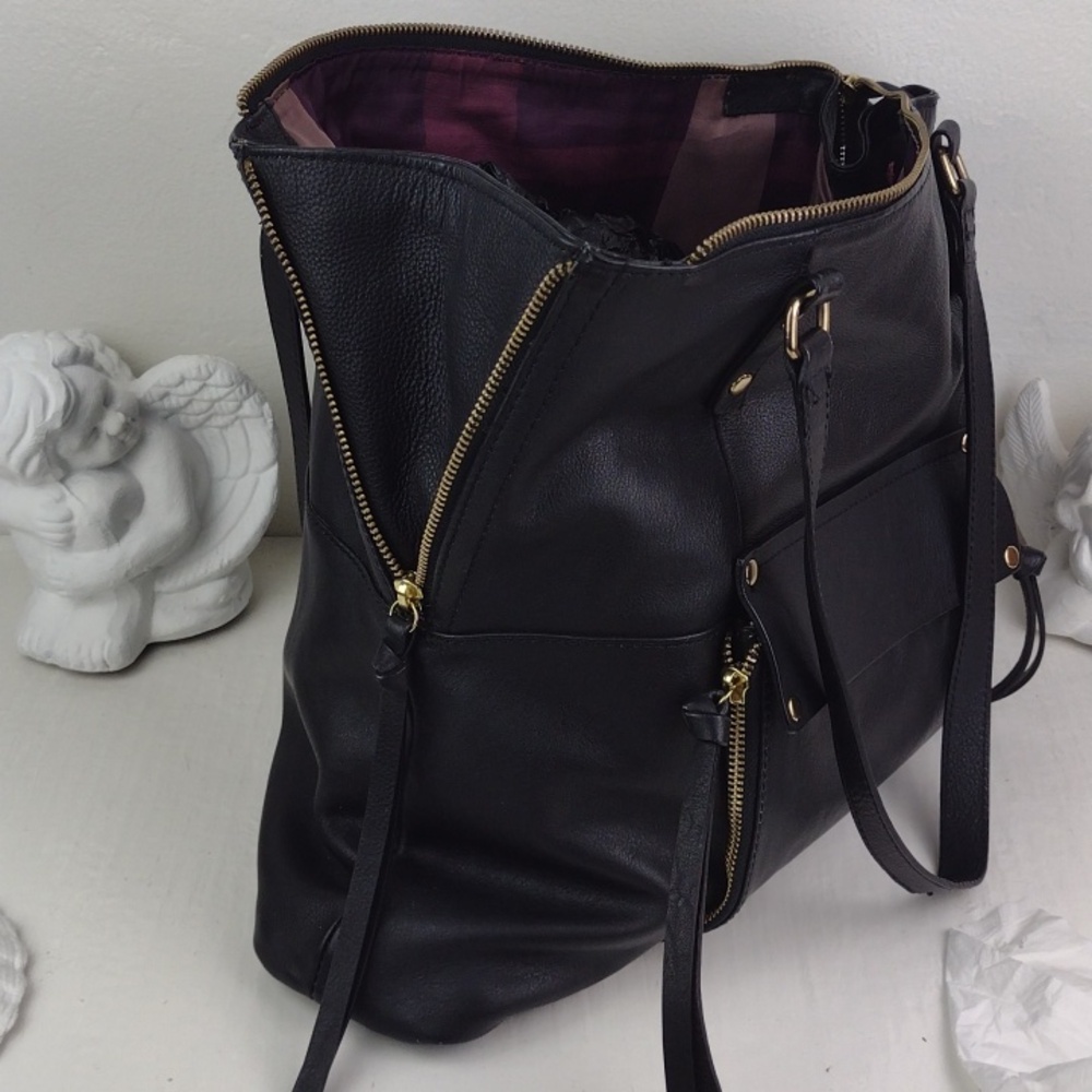 Classic Black Very Soft Leather Like Multi Tasseled Gold Tone HardwareTote Bag - Picture 8 of 14